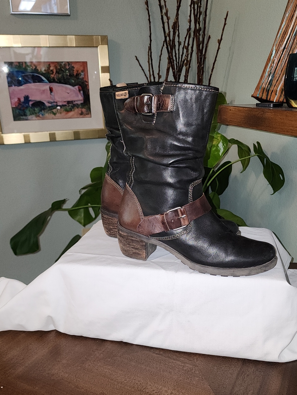 PIKOLINOS Black and Brown Leather Mid-Calf Booties with Buckle Size 36